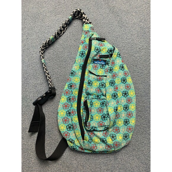 Kavu Rope Bag Sling Teal Floral Print Canvas Backpack Hippie Adjustable Colorful - Picture 1 of 11